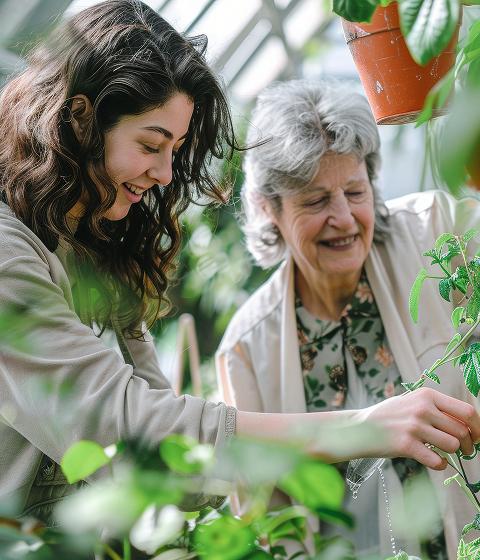 Senior living team member helping resident